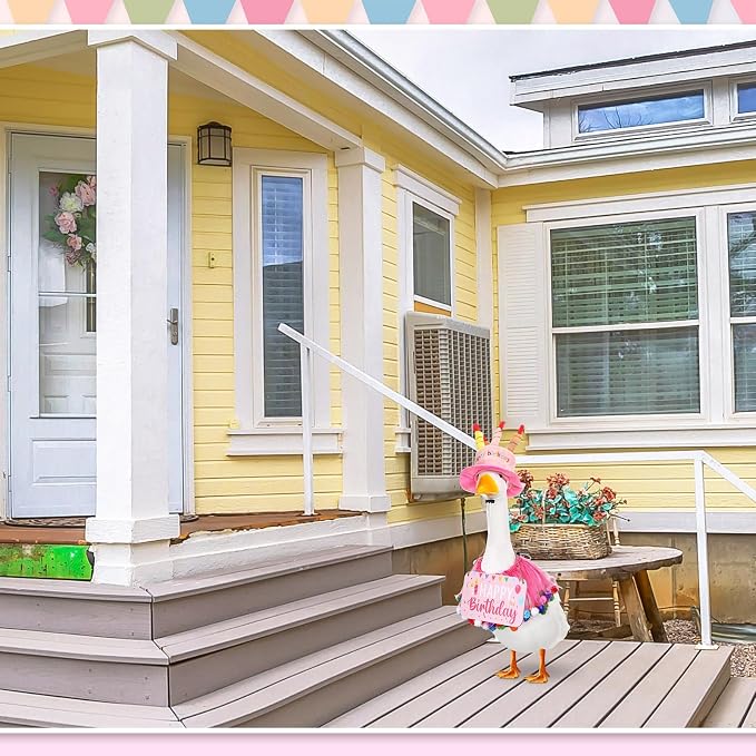 Happy Birthday Porch Goose Outfit Lawn Goose Cloth Costume for 23" Cement Plastic Patio Yard Statue Outdoor(Pink,Tutu Skirt)