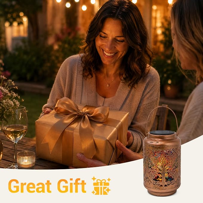 Tree of Life Solar Lantern Outdoor, Decorative Metal Solar Hanging Light with Colorful Light Pattern, Waterproof Garden Lantern for Patio, Yard, Porch, Balcony, Gifts for Women Mom Grandma