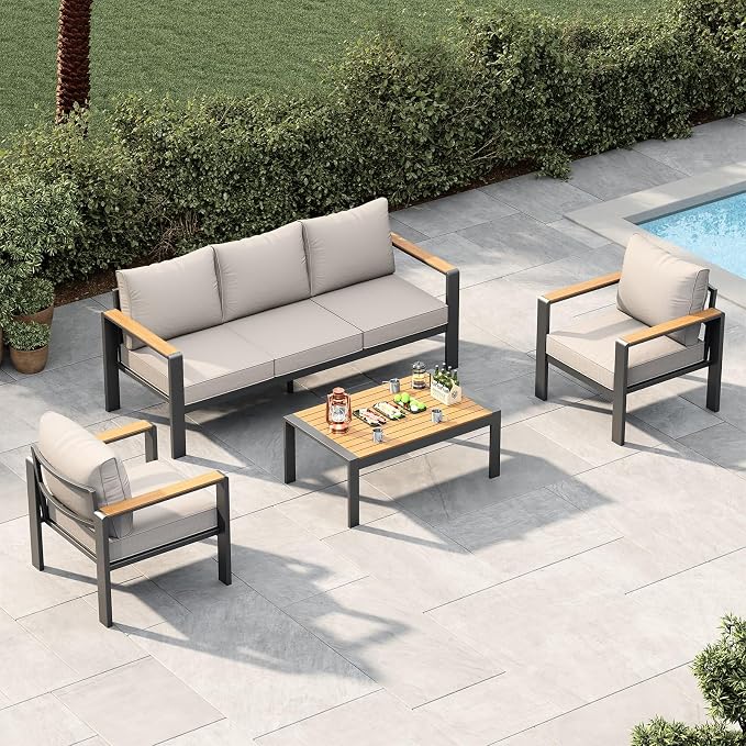 Garvee Aluminum Patio Furniture Set 5 Seats, Generous Outdoor Sectional with Washable Thick Cushions and Coffee Table, Patio Conversation Sets for Porch, Balcony, Deck, Yard