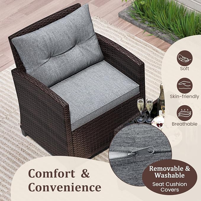 DORTALA Wicker Patio Furniture Set 3 Piece, Outdoor Table and Chairs with Tempered Glass Tabletop, Cushions, Small Rattan Conversation Sofa Set for Balcony, Porch, Backyard, Deck, Grey