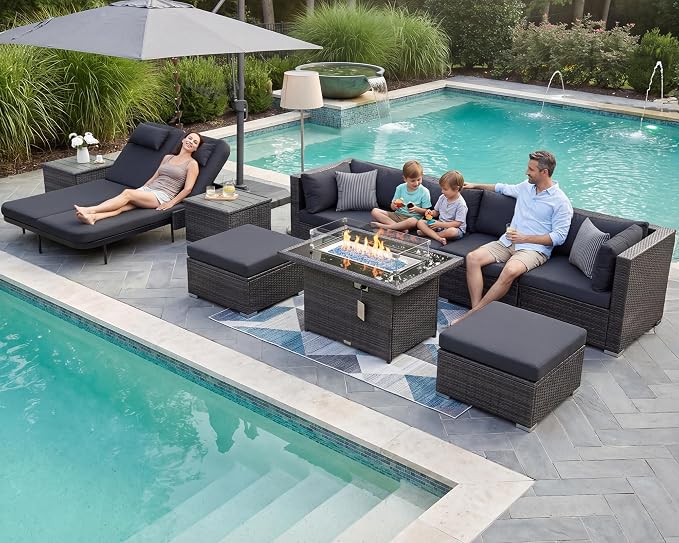 NICESOUL 11 Piece Sectional Outdoor Set with Chaise Lounge, Modern Large Backyard Seating with Firepit, 29.3'' High-Back Deep Patio Couch Sofa, Heavy Duty All-Weather Wicker Furniture for Deck, Grey