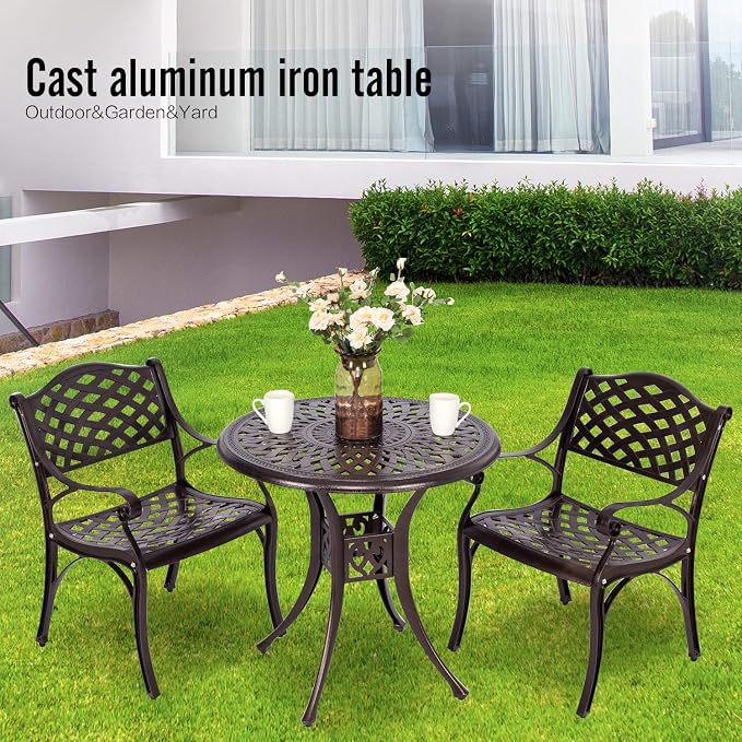 Puluomis 31” Round Cast Aluminum Dining Table, Outdoor Patio Retro Bistro Dining Table with 2” Umbrella Hole