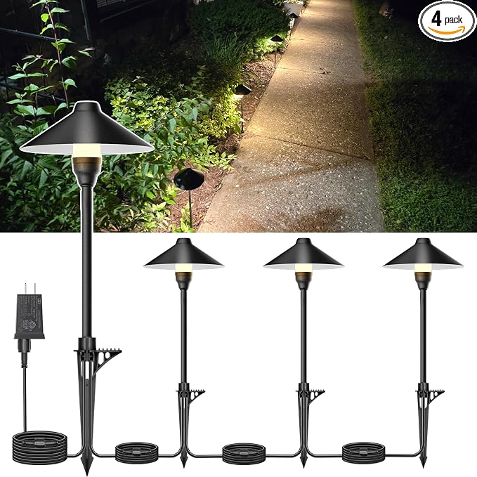 Low Voltage Pathway Lights with Timer, Plug in Landscape Path Light | 4H/6H/8H Timing, 4000K LED Landscape Lighting IP65 Waterproof ETL Listed, Set of 4 Lights Total 12W, Non-Hardwired