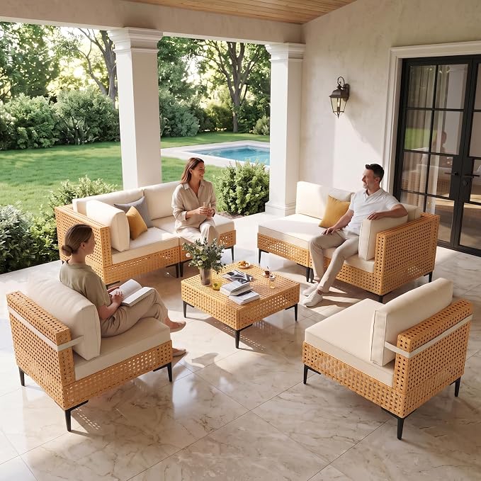 ABCASA Patio Furniture Set, 110" Large 7-Piece Wicker Outdoor Patio Furniture Sets with Non-Slip Cushions & Coffee Table,Boho Patio Conversation Set Sectional Sofa for Backyard,Porch,Beige