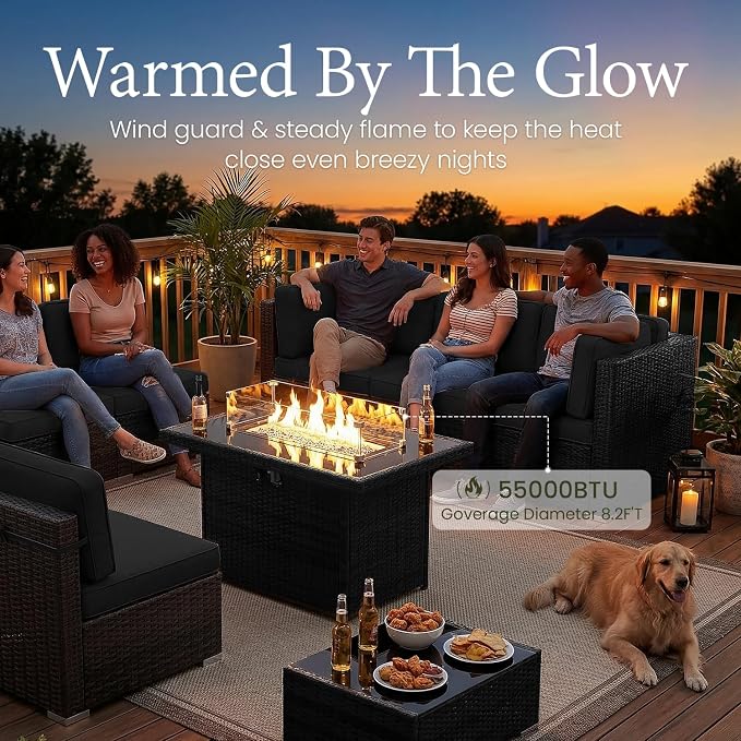 LayinSun 8 Piece Patio Furniture Set with 44" Propane Gas Fire Pit Table, Outdoor Sectional Conversation Set Wicker Rattan Sofa Set with Coffee Table