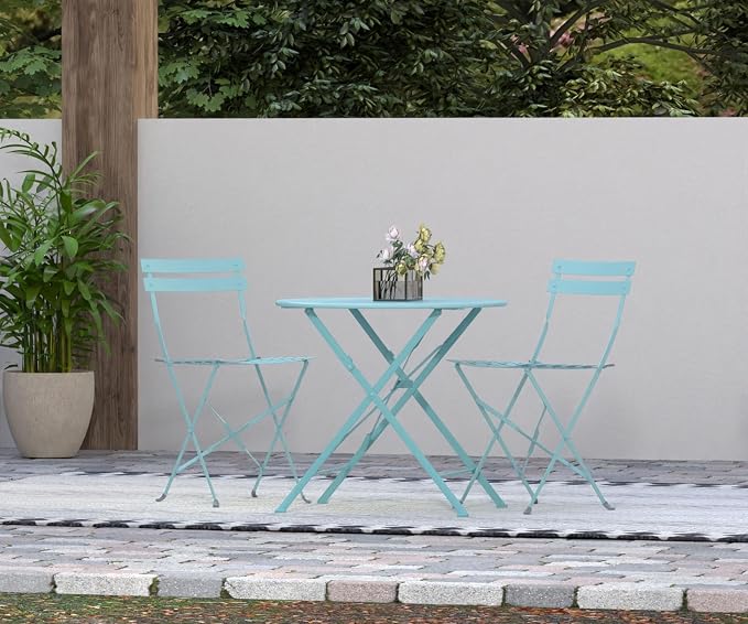 Carolina Chair & Table Round Folding Outdoor Bistro Table with 2" Umbrella Hole - Space Saving Fold Flat Design, Powder Coated Steel Patio Dining Table - Weather Resistant Garden Furniture(Teal,30")