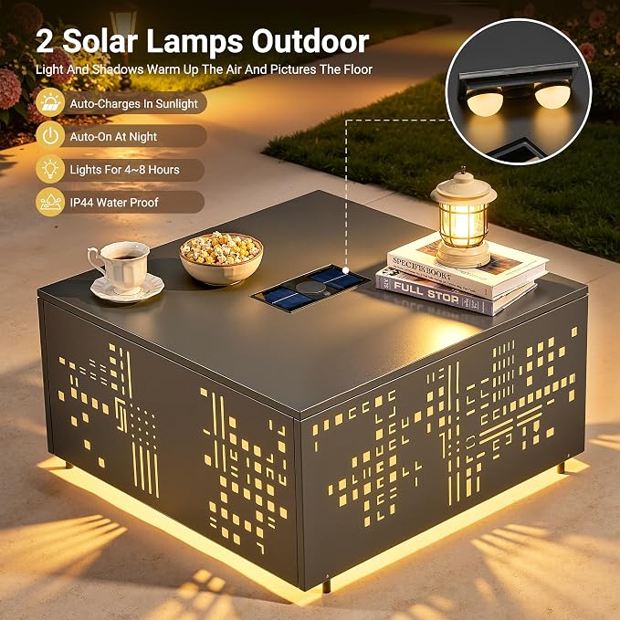 HOOOWOOO Outdoor Patio Solar Table with Umbrella Hole,Metal Coffee Side End Table,Umbrella Table with 2" Hole for Yard,Deck,Porch,Garden(Square Charcoal Gray)