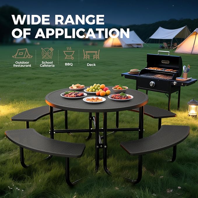 Round Heavy Duty Picnic Table for Outdoors Commercial Camping Table with Umbrella Hole up to 1.78" Black Coated Steel Frame Waterproof Rust Resistant 3200 lbs Load Capacity