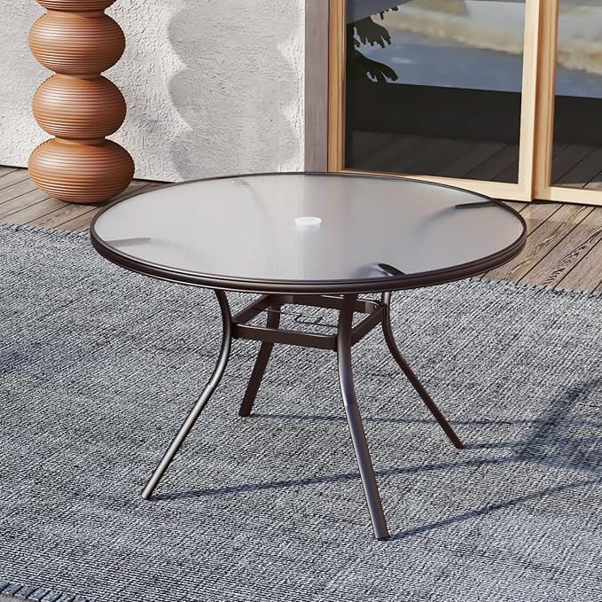 Brown Metal Frame 40" Glass Outdoor Patio Round Dining Table for 4 Person | Glass Table Top, Brown Metal Frame, All Weather, Rust Free, 4 Person Use