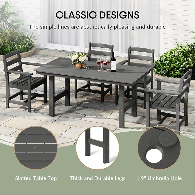 WestinTrends Ashore Outdoor Modern HDPE 66" Wide Rectangle Patio Dining Table for 6, Gray