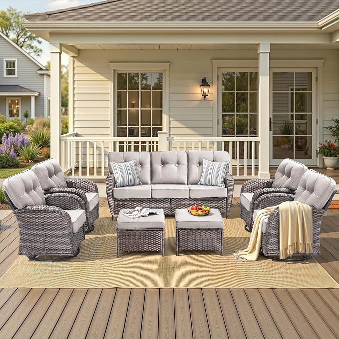 7-Piece Wicker Patio Furniture Set with 5-Inch Thick Cushions Weather Resistant Rattan High Back Swivel Rocker Chairs Senior Friendly Conversation Set for Small Porch Deck Sunroom Brown/Beig