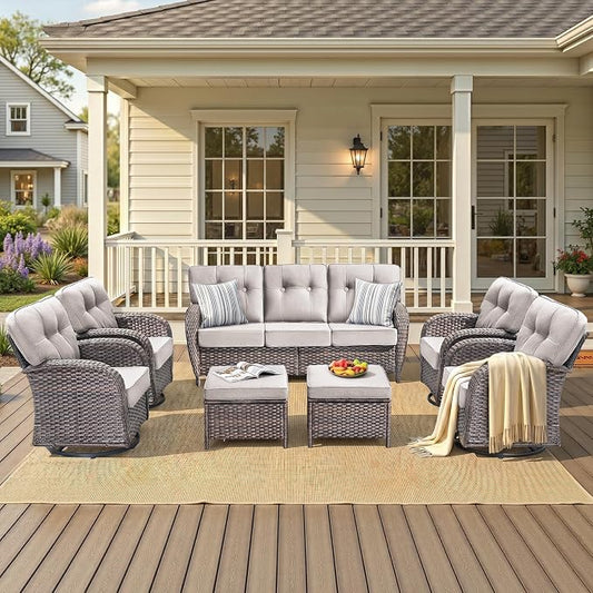 7-Piece Wicker Patio Furniture Set with 5-Inch Thick Cushions Weather Resistant Rattan High Back Swivel Rocker Chairs Senior Friendly Conversation Set for Small Porch Deck Sunroom Brown/Beig
