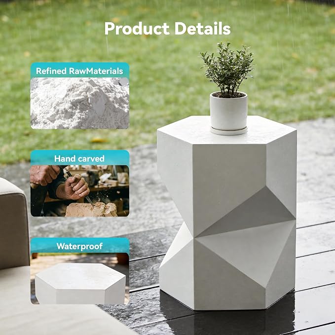 COSIEST MgO Concrete Side Table, 18 Inch Hexagonal Geometric Outdoor End Accent Table, All-Weather Patio Garden Stool, Modern Plant Stand & Coffee Table for Balcony Backyard, White, 1 Pack