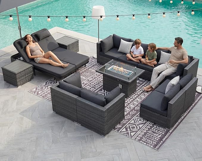 NICESOUL 13 Piece Patio Furniture Set with Fire Pit, 29.3'' High Back Outdoor Patio Set with Fire Pit & Chaise Lounge, Large Modular Outdoor Grey Wicker Sofa 500 lbs Heavy Duty for Deck, Pool