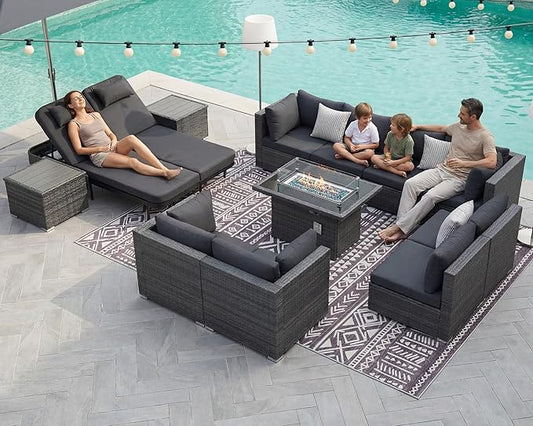 NICESOUL 13 Piece Patio Furniture Set with Fire Pit, 29.3'' High Back Outdoor Patio Set with Fire Pit & Chaise Lounge, Large Modular Outdoor Grey Wicker Sofa 500 lbs Heavy Duty for Deck, Pool