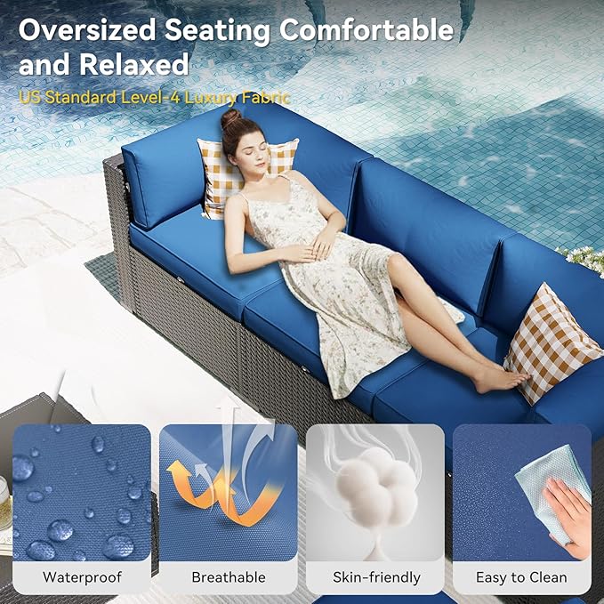 Aoxun Patio Furniture Set with Umbrella, 8 Piece Outdoor Sectional Sofas, Wicker Rattan Outdoor Furniture with Thickened Cushion for Backyard, Garden Navy Blue