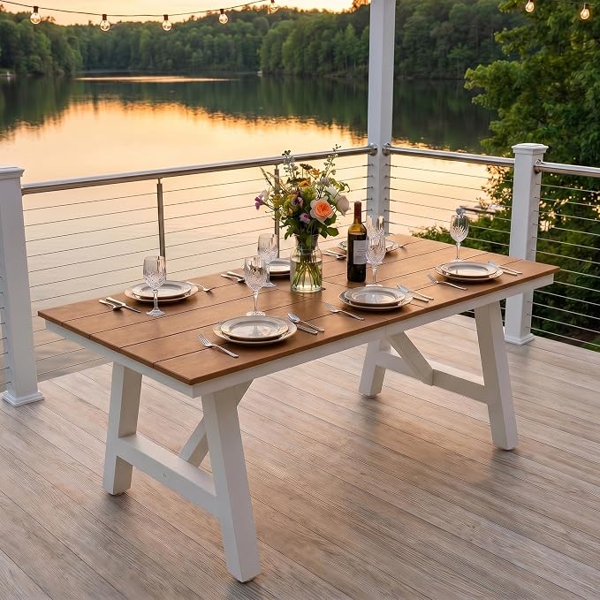 Costaelm Outdoor Dining Tables for Patio, 72" Rectangle 6-Person HDPE Dining Table with Umbrella Hole and Metal Frame for Outside, Garden, Poolside, Backyard, Porch, Balcony, Teak