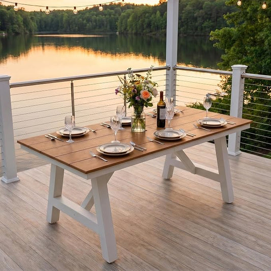 Costaelm Outdoor Dining Tables for Patio, 72" Rectangle 6-Person HDPE Dining Table with Umbrella Hole and Metal Frame for Outside, Garden, Poolside, Backyard, Porch, Balcony, Teak