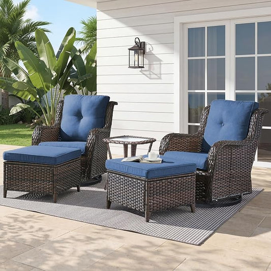 Belord 5 Piece Wicker Patio Furniture Set, Outdoor Swivel Rocker Chairs Set of 2 with Ottomans and Side Table, All Weather Patio Conversation Furniture Set, for Porch Pool, Brown Wicker/Blue