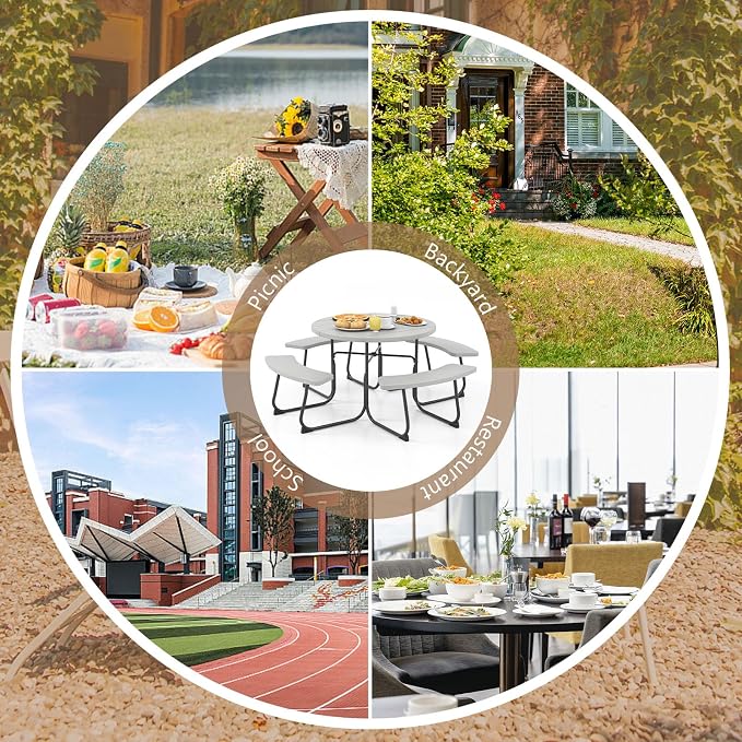 COSTWAY Round Picnic Table with Umbrella Hole, Outdoor Picnic Table with Bench Set for 4-8 People, HDPE Tabletop, Patio Dining Furniture Set for Family Gatherings, BBQ Party, Backyard (Grey)