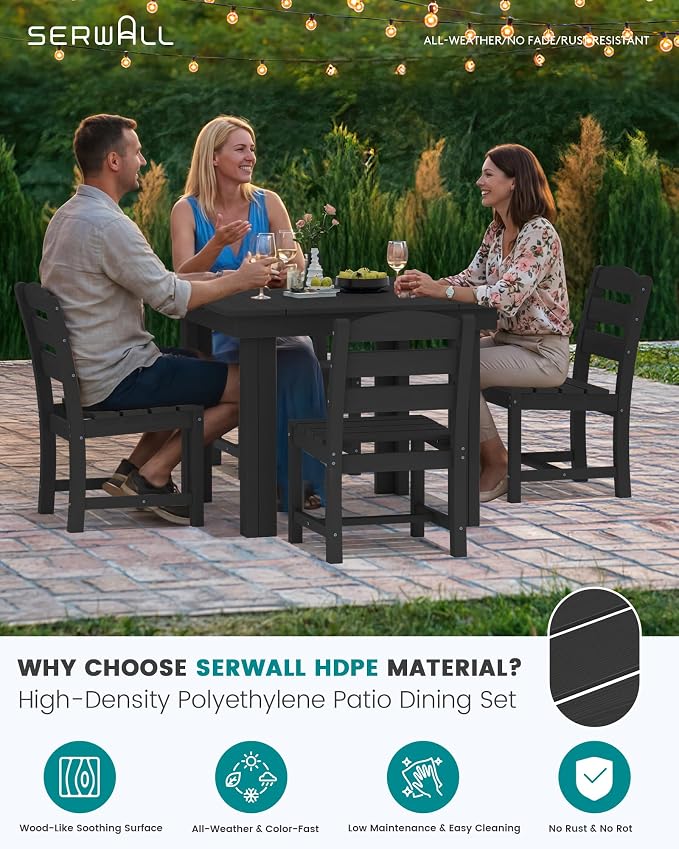 SERWALL HDPE Outdoor Square Dining Set for 4 | with Armless Chair Seat