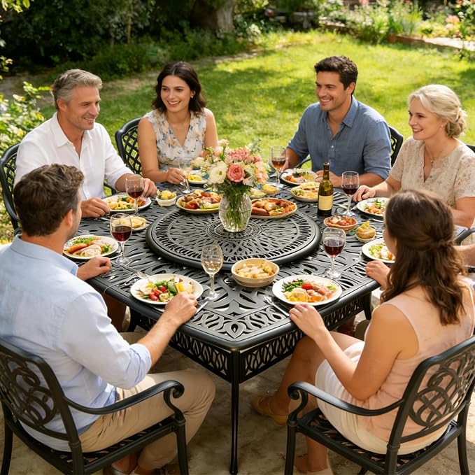MEETWARM Outdoor 64" Square Patio Dining Table with Detachable Lazy Susan, All Weather Cast Aluminum Large Patio Furniture Table Set for 8 Seat with 35.4" Rotating Tray, Umbrella Hole, Dark Bronze