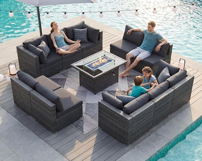 BULEXYARD 11 Piece High Back Outdoor Patio Set with Firepit, Extra Large Backyard Furniture Sectional Couch 10-Seater Modular, XL Big Wide Deep Outside Seating Area for Exterior, Dark Grey