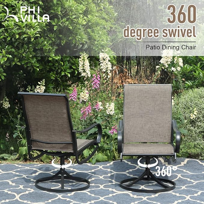 PHI VILLA Outdoor Patio Dining Set for 4, 5 PCS Patio Table & Chair Set Clearance with 4 Swivel Dining Chairs & 1 Square Patio Table(1.57" Hole), Patio Dining Furniture for Lawn Garden, Black Coated