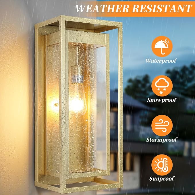 19" Gold Outdoor Light Fixture, 2 Pack Large Size Outdoor Sconce Lights with Clear Glass Shade, Waterproof Porch Lighting Exterior Light Fixture for Front Door, Garage