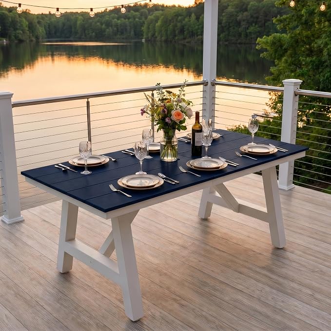 Costaelm Outdoor Dining Tables for Patio, 72" Rectangle 6-Person HDPE Dining Table with Umbrella Hole and Metal Frame for Outside, Garden, Poolside, Backyard, Porch, Balcony, Navy Blue