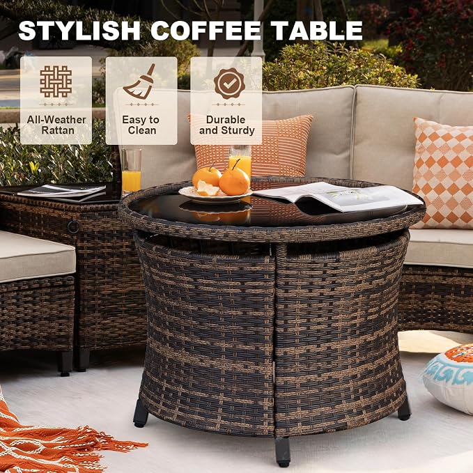 MEISSALIVVE 11 Piece Outdoor Patio Furniture Set, Half-Moon Curved Sectional Set with Wood Armrests, Patio Conversation Set for Porch,Deck,Balcony (Beige)