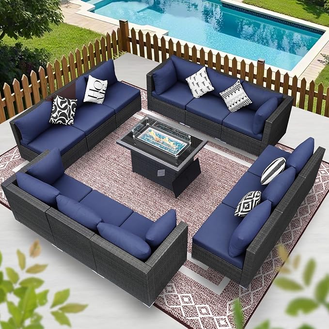 BULEXYARD 13 Piece High Back Outdoor Furniture Sets with Fire Pit, Luxury Patio Sectional Couch Sofa 12-Seater Modular, Comfortable Extra Large Wide Deep Backyard Seating Conversation Set, Grey & Blue