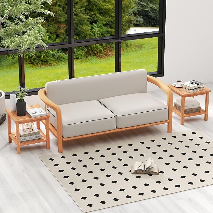 HAPPYGRILL Acacia Wood Outdoor Side Table, 2-Tier Indoor End Table with Spacious Tabletop and Slatted Storage Rack, Square Wood Table for Poolside, Living Room, Porch, Balcony and Garden (1)