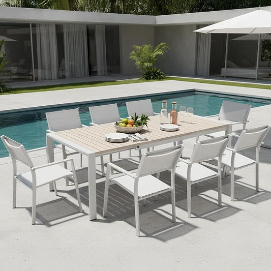 Outdoor Patio Furniture Set 9 Piece, Extendable Patio Dining Table for 6-10 People and 8 Patio Dining Chairs with Armrest, All-Weather Aluminum Patio Dining Furniture Set For Garden Lawn Deck
