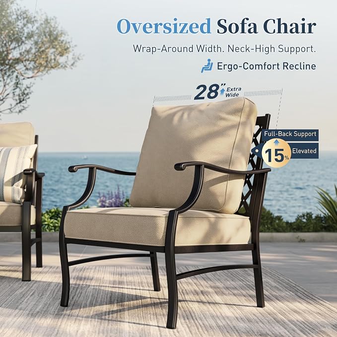 SUNSHINE VALLEY Patio Furniture Set, Modern Metal Outdoor Patio Furniture, 3 Seater Sofa, 4 Single Chairs, 2 Ottomans with 5.75" Extra Thick Cushion, Patio Conversation Set for Backyard Deck