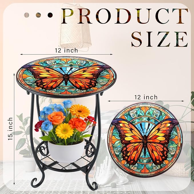 Cinnvoice Outdoor Side Table Round Small Mosaic Patio Accent Indoor End Plant Coffee Tea Table for Yard Patio Porch Garden Living Room, Bedroom(Butterfly B Style,12 Inch)
