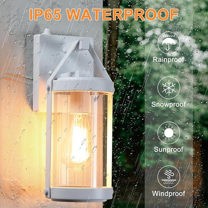 2 Pack Dusk to Dawn Sensor White Outdoor Wall Sconce Lightings | Exterior Porch Lantern Modern Outside Garage Light Fixtures Waterproof Wall Mount Lamp for House Patio Front Door