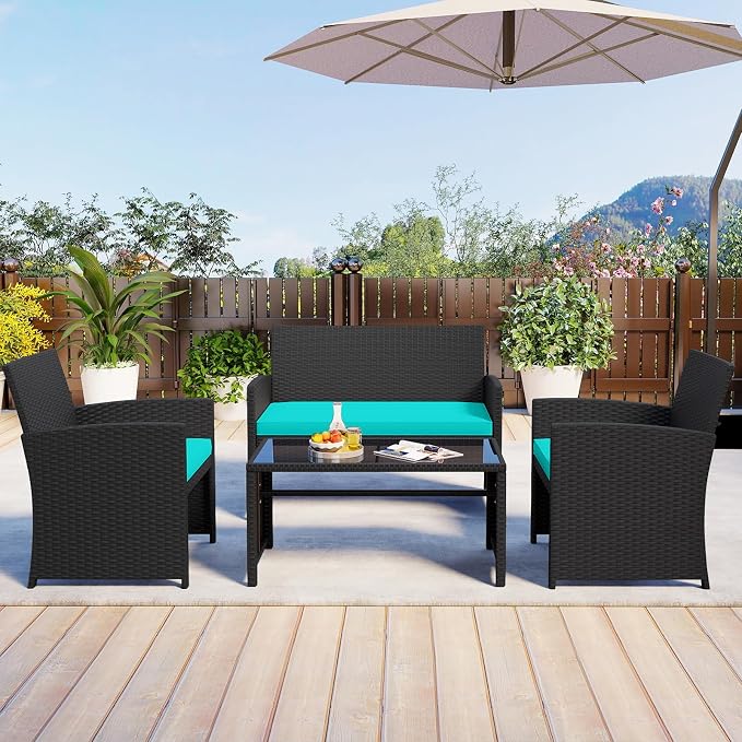 HAPPYGRILL 4 Piece Rattan Wicker Patio Conversation Set, Outdoor Furniture with Chair Loveseat Table & Cushion, for Backyard Porch Balcony (1, Black & Turquoise)