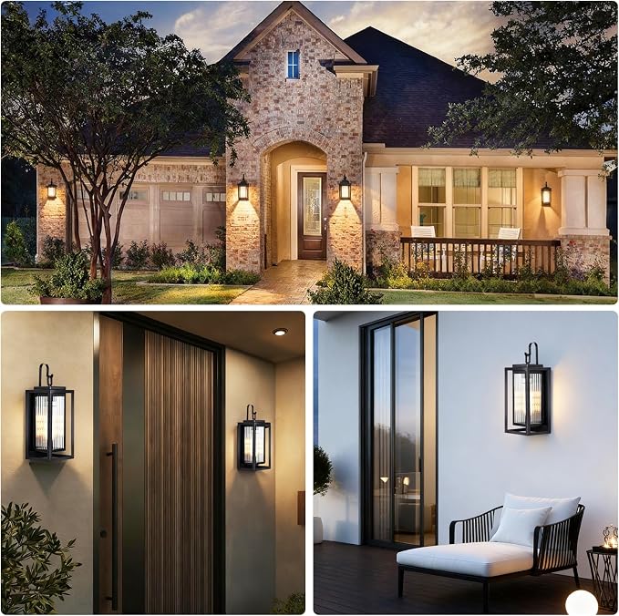 Outdoor Wall Lights for House Exterior, 18 Inch Large Black Modern Lantern with Dual Metal Frame & Textured Glass, IP65 Waterproof (Bulbs Included)