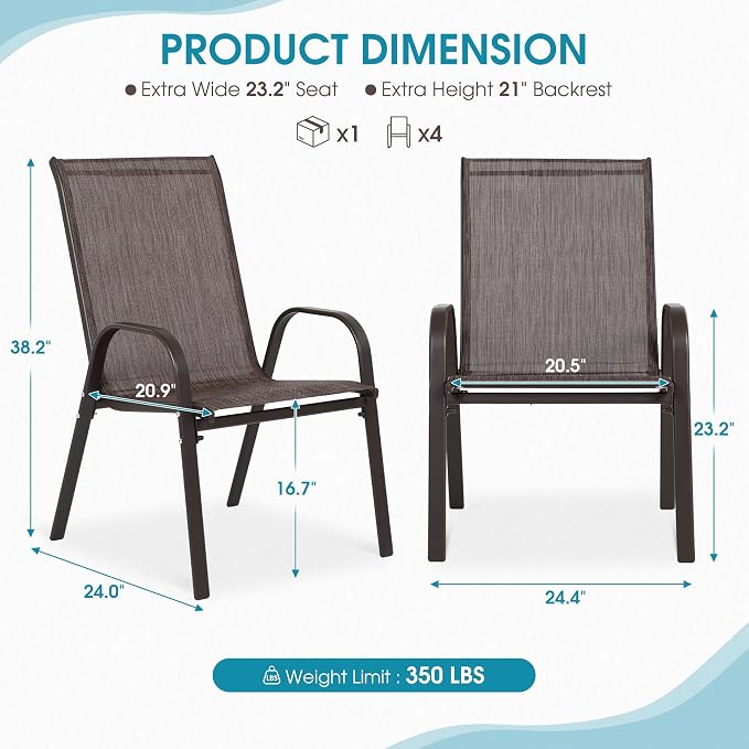 24.4" Wide Outdoor Stackable Chairs Set of 8, Stacking Patio Chairs with Textilene Fabric, Outside Furniture for Garden Backyard Balconie Poolside Deck, Brown