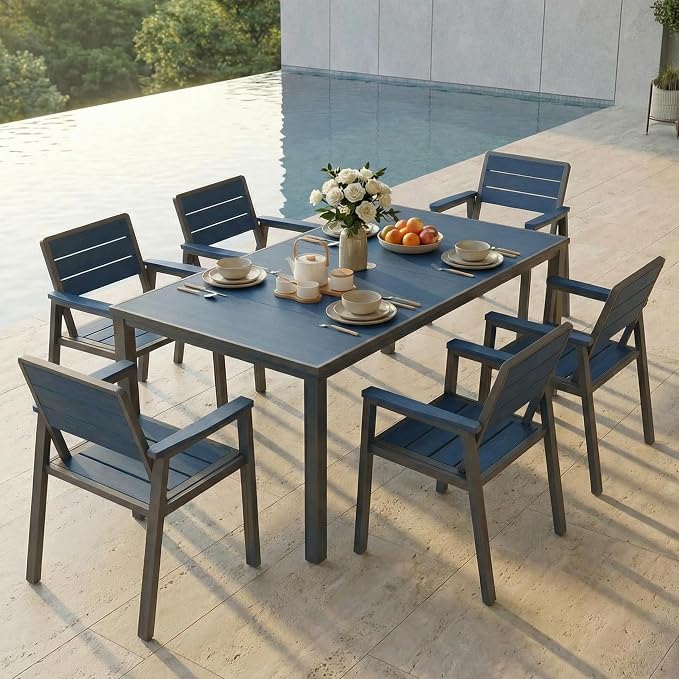 7 Piece Patio Dining Set for 6, Outdoor HDPE Table and Chairs with Umbrella Hole, All Weather Outdoor Furniture for Backyard, Deck, Lawn, Poolside, Blue