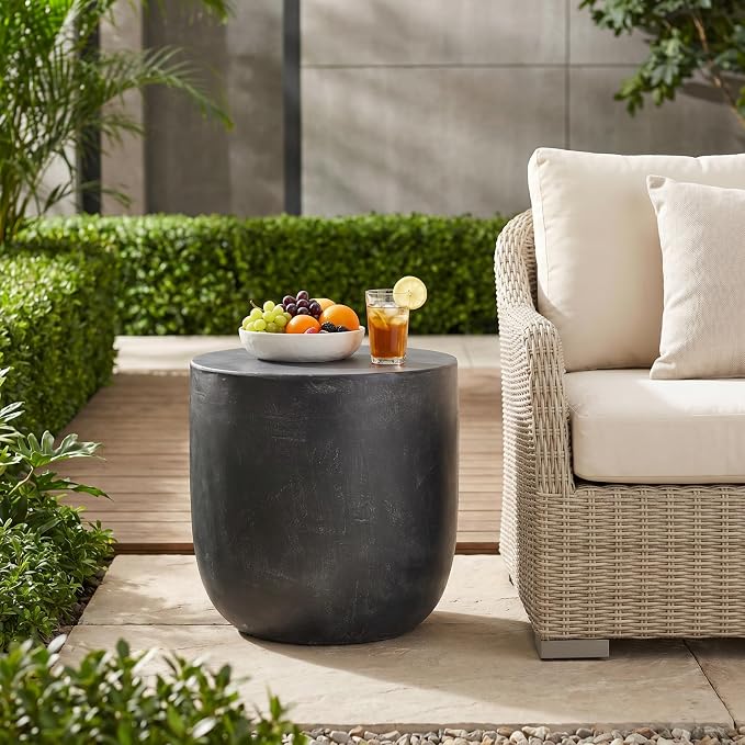 Outdoor Side Table Patio Concrete Side Table Round Drum End Table Faux Stone Side Tables Travertine Small Coffee Tables, Garden Stool Plant Stand for Backyard, Cylindrical, Antique Black
