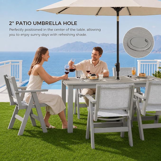 7-Piece Patio Dining Table Set, 69" Rectangle HDPE Outdoor Table & 6 Textilene Chairs Set with 2" Umbrella Hole, Wood-Look Finish, All-Weather Dining Set for Backyard, Poolside, Light Gray