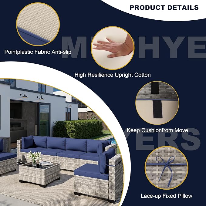 7-Piece Outdoor Patio Furniture Set, PE Wicker Rattan Sectional Sofa Conversation Set with Tempered Glass Table & Thick Cushions - All-Weather Garden, Backyard Furniture, Navy Blue