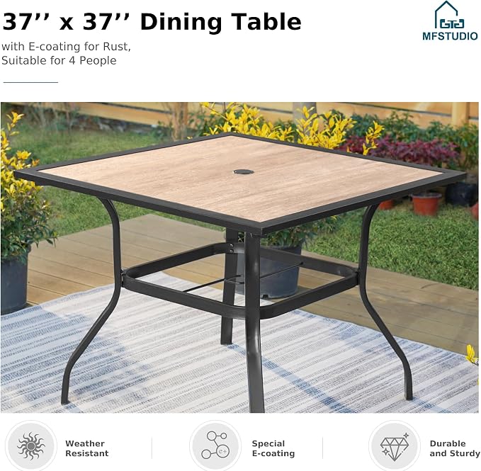 MFSTUDIO Patio Dining Sets for 4, Outdoor Square Wood-Like Table with Wicker Chairs Set, 5 Pieces Rattan Outdoor Dining Furniture Set, Patio Table and Chairs for 4, Backyard, Porch