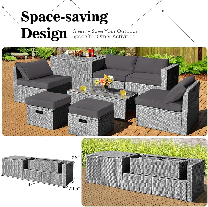 DORTALA 8 Pieces Patio Furniture Set, PE Rattan Sectional Sofa Set with Tempered Glass Table & Waterproof Cushions, Outdoor Wicker Conversation Set for Balcony, Poolside, Grey