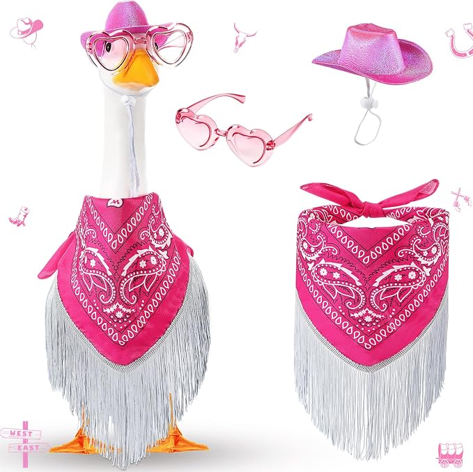 Disco Cowgirl Porch Goose Outfit 23" Cement Goose Statue Fringe Bandana Sunglasses for Summer Lawn Desk Patio Yard(Rose Red)