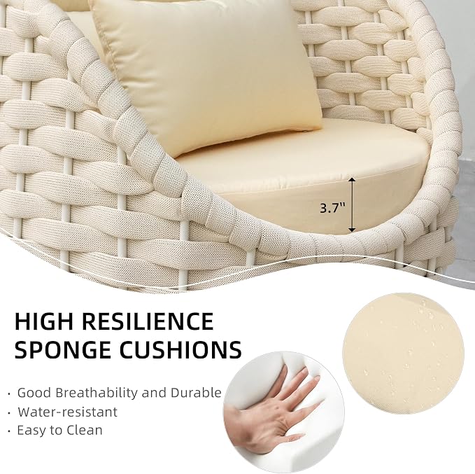 TWT 3 Pieces Aluminum Patio Furniture Set, Hand Woven Polyester Rope Modern Outdoor Furniture w/Washable Cushion and Rock Slab Tabletop, Conversation Sofa Set for Livingroom Poolside Balcony (Beige)