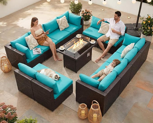 BULEXYARD 13 Piece High Back Wicker Patio Furniture Sets with Fire Pit, Modern Elegant Outdoor Seating Set Modular, Comfy Extra Deep Wide 12-Person Sectional Couch Sofa for Backyard, Brown & Turquoise
