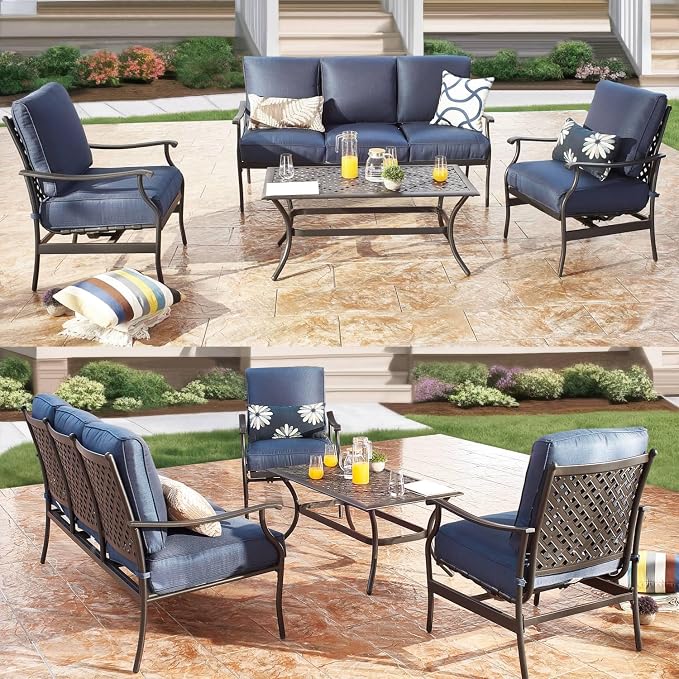Patio Conversation Set 4Pcs Cushioned Outdoor Furniture Sets Patio Seating with All Weather Galvanized Steel Frame (Blue)